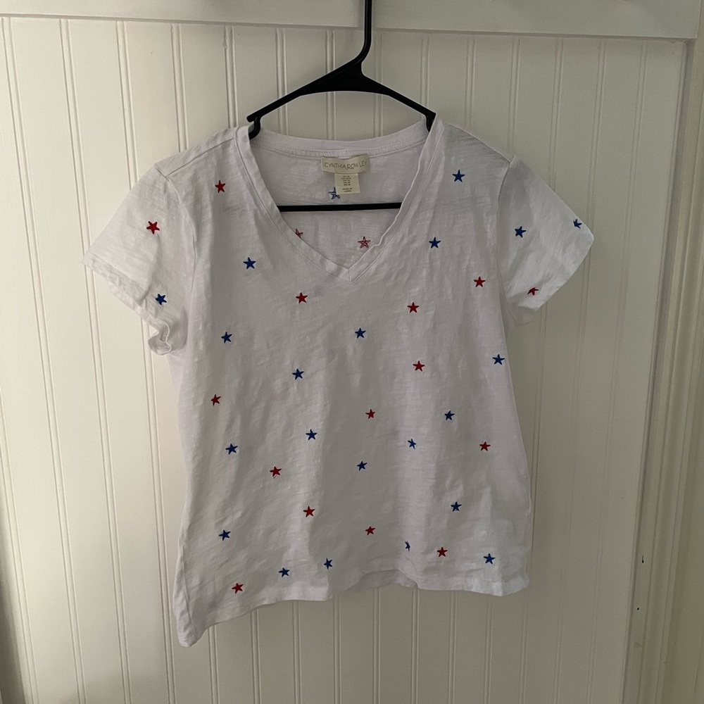 Cynthia Rowley White Tee with Embroidered Star Accents